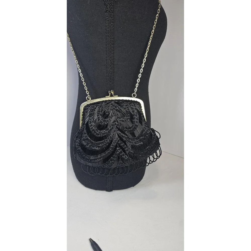 Vintage‎ Fine Arts Bag Black Beaded Evening Purse Gold Frame Chain Strap